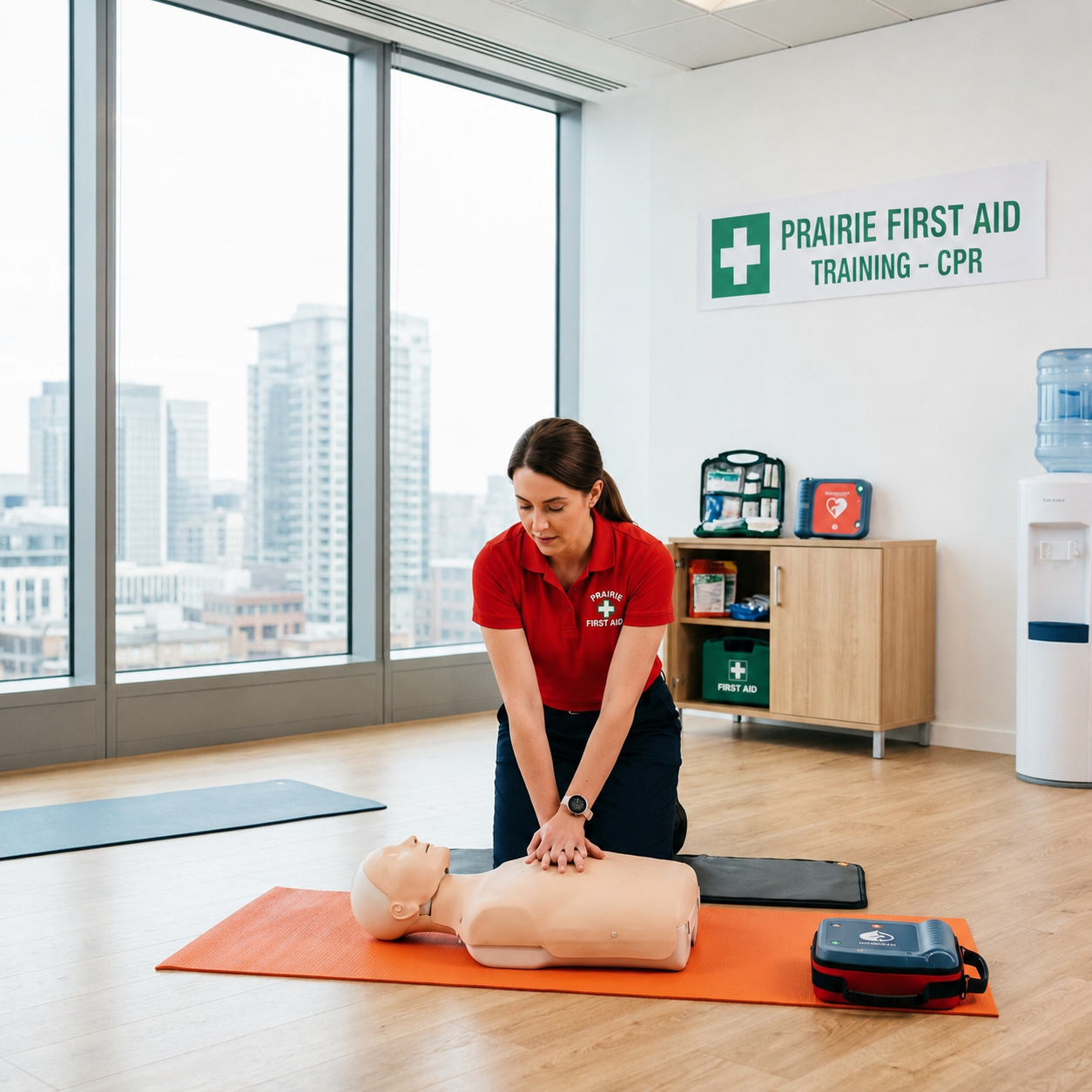 Prairie First Aid instructor demonstrating CPR on a training mannequin